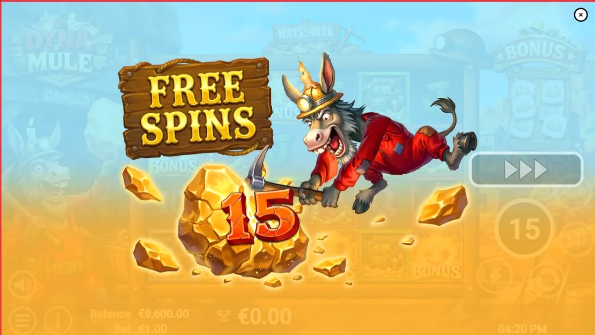 Interface do slot Dyna Mule com elementos de mineração e símbolos mecânicos