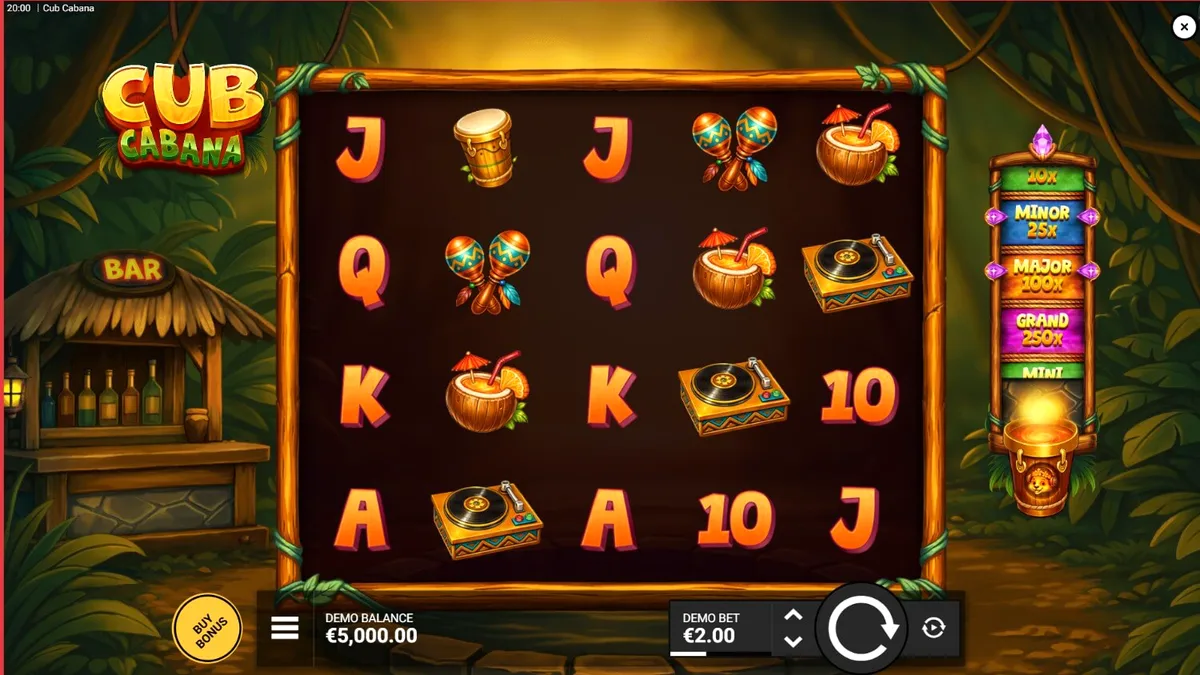 Cenário tropical vibrante do slot Cub Cabana com elementos de festa na praia