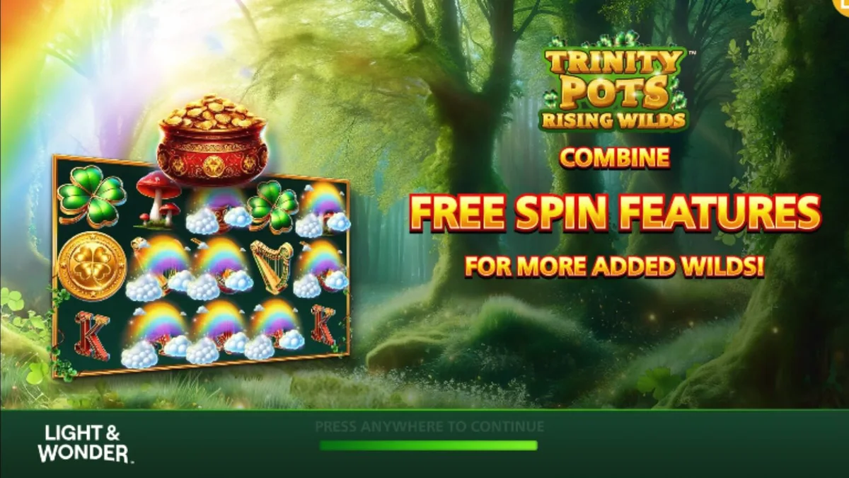 Interface colorida e festiva do slot Trinity Pots Rising Wilds com tema de sorte irlandesa