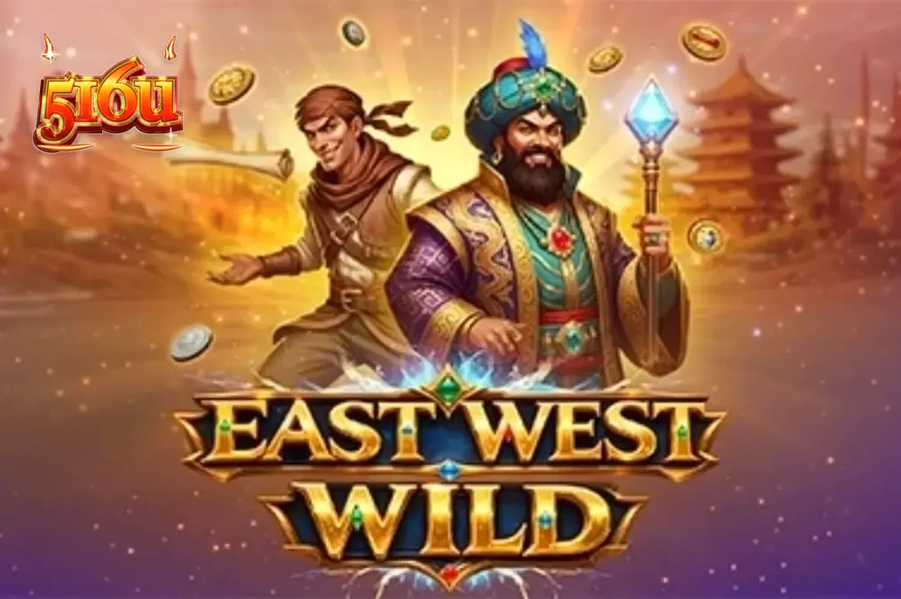 Interface do jogo de slot East West Wild com símbolos dourados e cenário da Rota da Seda